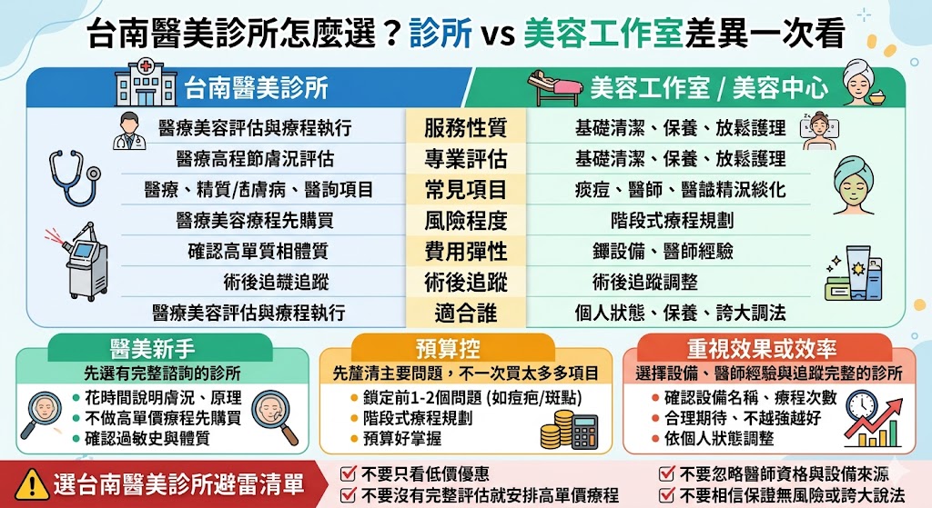 台南醫美診所提供專業醫療美容服務，包含雷射、音波拉提、注射等，適合有斑點、痘疤、鬆弛、輪廓需求的族群。相較一般美容工作室專注於基礎保養，台南醫美診所由合格醫師評估，注重療程風險與術後追蹤。選擇台南醫美診所時，需考量設備來源、醫師經驗與恢復期，避免只看價格。透過完整諮詢，台南醫美診所能依個人膚況提供客製化方案，確保效果與安全並重。