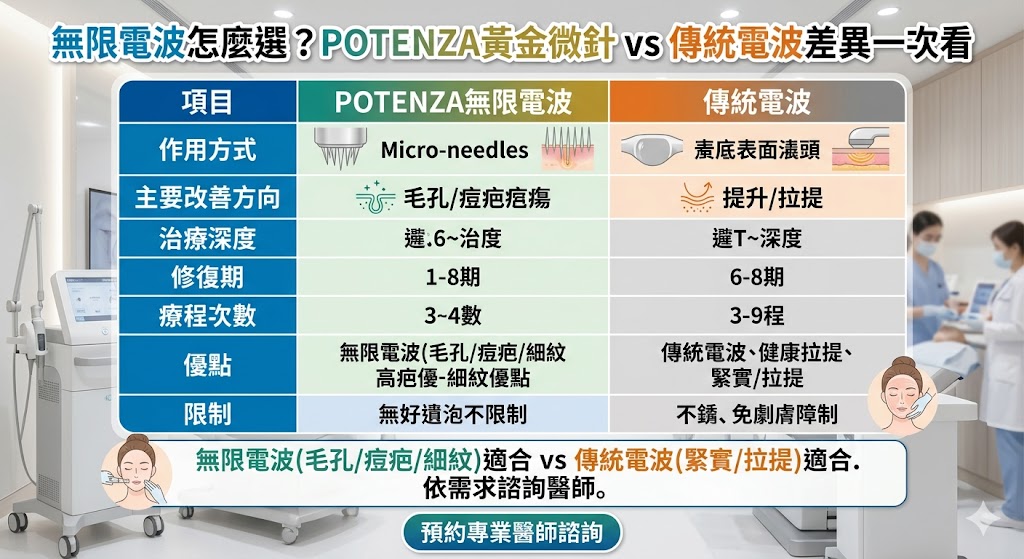 無限電波是近年常見的醫美療程，POTENZA無限電波結合微針、電波與導入設計，可針對毛孔粗大、痘疤、膚質粗糙、細紋與輕度鬆弛進行改善。本文整理無限電波與傳統電波的差異、費用、效果、適合族群與術後注意事項，幫助想做無限電波療程的人快速判斷是否適合。