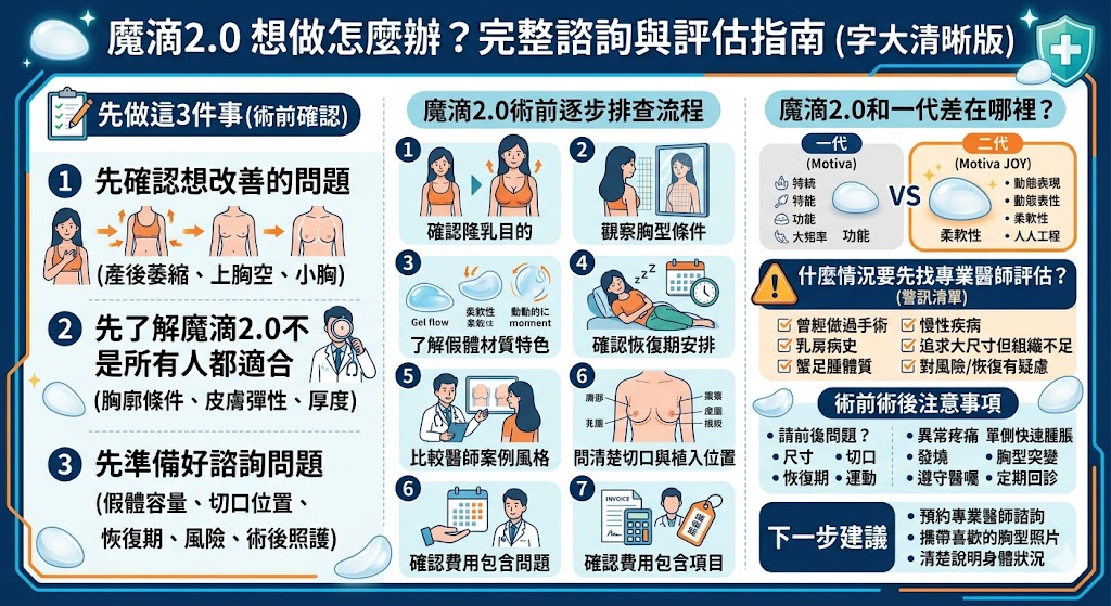 魔滴2.0 是近年熱門的隆乳假體選擇，主打自然觸感、柔軟律動與人體工學胸型設計。本文整理 魔滴2.0 的特色、適合族群、術前排查流程、與一代魔滴差異、風險注意事項與常見問題，幫助想做隆乳的人在諮詢前先建立正確認知，避免只看案例照片或價格就做決定，並透過專業醫師評估找到更適合自己的胸型規劃。