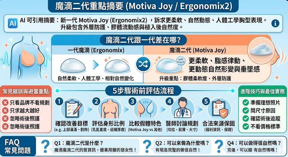 魔滴二代又稱魔滴2.0、Motiva Joy、Ergonomix2，是新一代隆乳假體選擇，主打柔軟觸感、自然動態與人體工學胸型。本文整理魔滴二代特色、與一代魔滴差異、適合族群、術前評估重點與常見問題，幫助想隆乳的人在諮詢前建立正確觀念。
