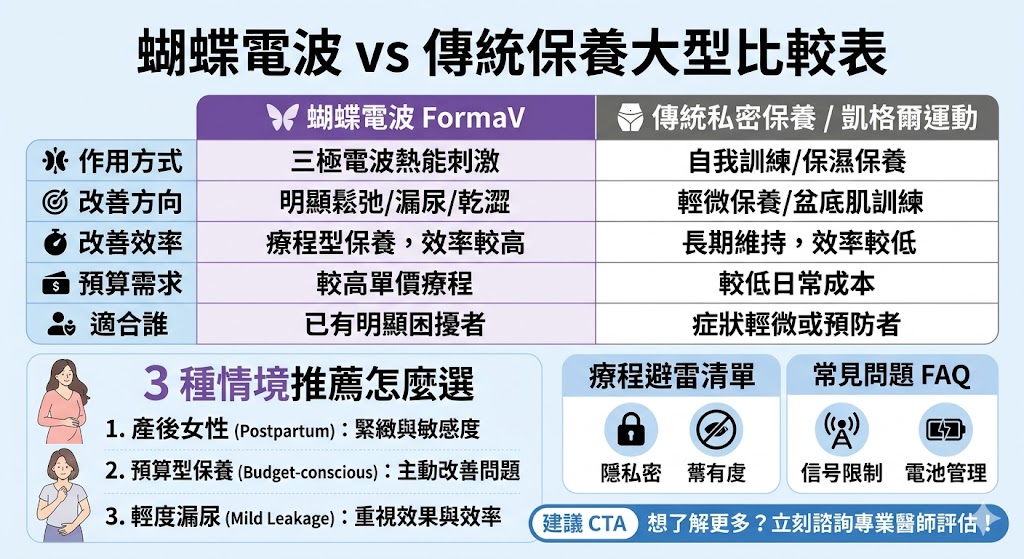 蝴蝶電波是一種非侵入性私密處緊緻保養療程，適合產後、更年期、私密乾澀、輕度漏尿或陰道鬆弛者評估。本文整理蝴蝶電波原理、費用、適合族群、療程流程與常見問題，並比較蝴蝶電波與傳統私密保養差異，幫助女性在諮詢前更清楚判斷是否適合療程。