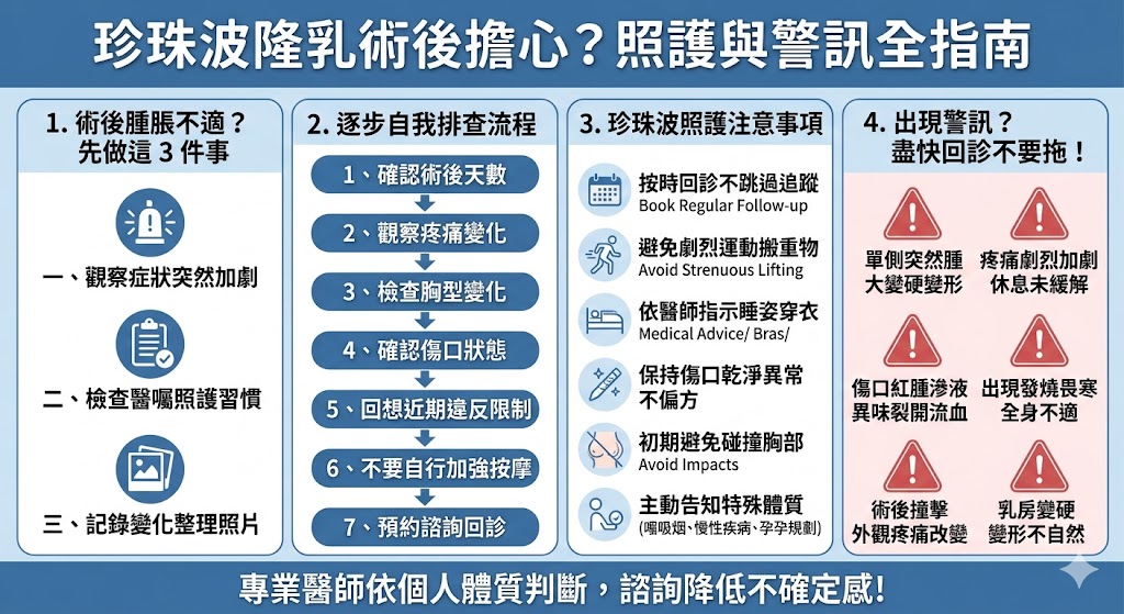 珍珠波術後出現腫脹、疼痛、胸型不對稱或傷口異常時，先別急著自行判斷。本文整理珍珠波常見恢復狀況、原因分類、逐步排查流程與需要盡快回診的警訊，幫助你分辨哪些情況可觀察、哪些狀況應諮詢醫師，降低術後焦慮並掌握正確照護方向。