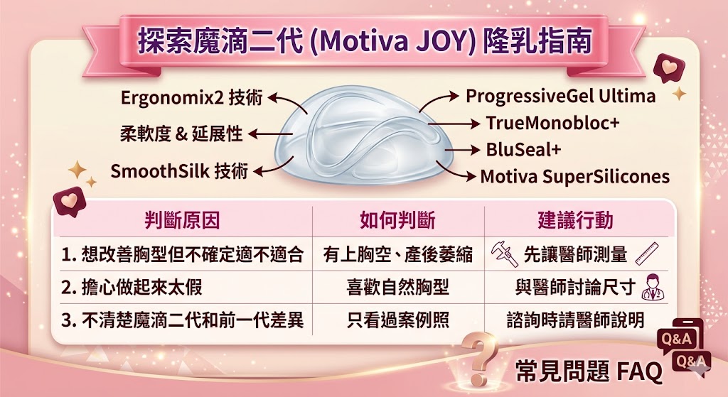 魔滴二代是新一代 Motiva JOY/Motiva 2.0 隆乳假體,主打柔軟度、延展性與自然動態胸型表現。本文整理魔滴二代特色、與傳統假體差異、適合族群、術前評估流程、價格影響因素、恢復期注意事項與常見問題,幫助想了解魔滴二代隆乳的人,先從身形條件、胸型需求、醫師評估與術後照護角度建立正確認知,避免只用案例照或尺寸數字做決定。