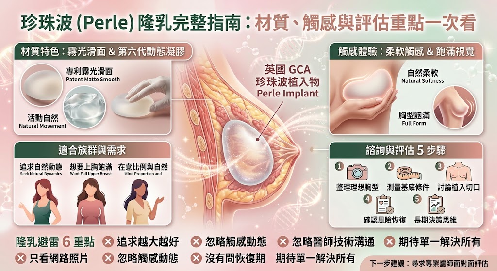 珍珠波是由英國 GC Aesthetics 研發的隆乳植入物,主打霧光滑面專利技術與第六代動態凝膠,常被關注於柔軟觸感、自然動態與飽滿視覺效果。本文整理珍珠波的材質特色、適合族群、術前評估流程、常見錯誤與 FAQ,幫助想了解珍珠波隆乳的人,在諮詢前先掌握重點,並以更清楚的方向與專業醫師討論是否適合自身條件。