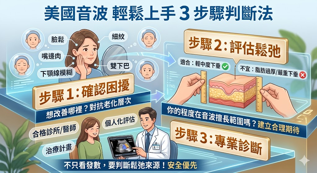 美國音波是常見的非侵入式拉提療程，主要透過聚焦超音波能量作用於不同皮膚層次，協助改善輕中度臉部鬆弛、下顎線模糊、嘴邊肉與輪廓線不清等困擾。本文整理美國音波適合族群、術前評估重點、常見原因分類、逐步排查流程、術後修復與注意事項，幫助想了解美國音波的人先釐清自身需求、合理期待與需要找醫師評估的警訊，再決定是否預約諮詢。