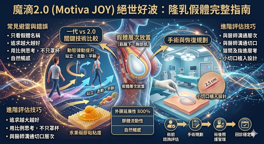 魔滴2.0又稱Motiva JOY、絕世好波,是新一代隆乳假體,特色包含膠體流動性提升、外膜延展性高達800%、觸感自然與小切口植入設計。相較於一代魔滴,魔滴2.0更強調真實乳房般的柔軟觸感與自然律動,適合重視胸型比例、術後自然度、切口美觀與隆乳前完整評估的人深入了解。