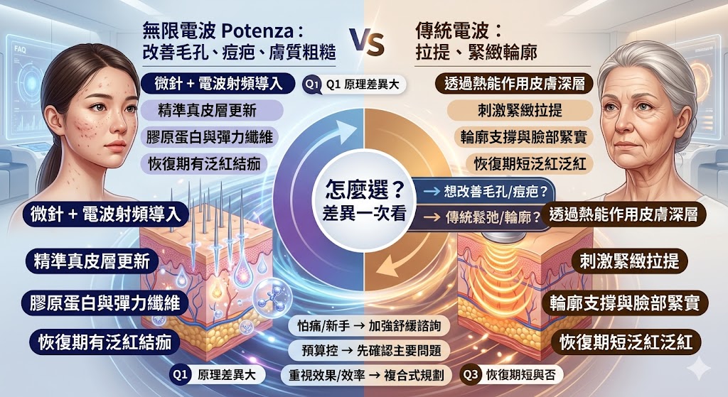 無限電波是結合微針與電波射頻的醫美療程，可針對毛孔粗大、痘疤凹洞、膚質粗糙、細紋與輕中度緊緻需求進行評估。本文整理無限電波原理、適合族群、費用影響因素、療程流程與無限電波和傳統電波的差異，幫助想改善膚況的人判斷是否適合施作，並在諮詢前掌握重點。